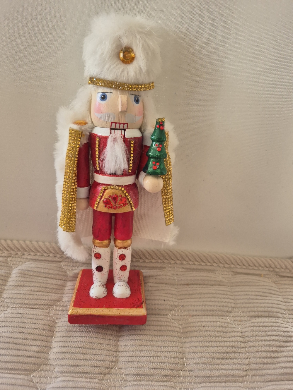 Festive Red Nutcracker Holiday Figurine with White Fur Trim